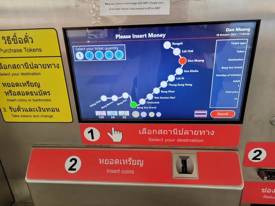 Detalii privind selectarea biletului (Bang Sue este punctul terminus al liniei aeroportului)