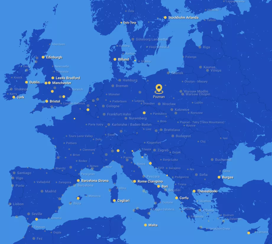 Harta rutei Ryanair de la aeroportul Poznan POZ